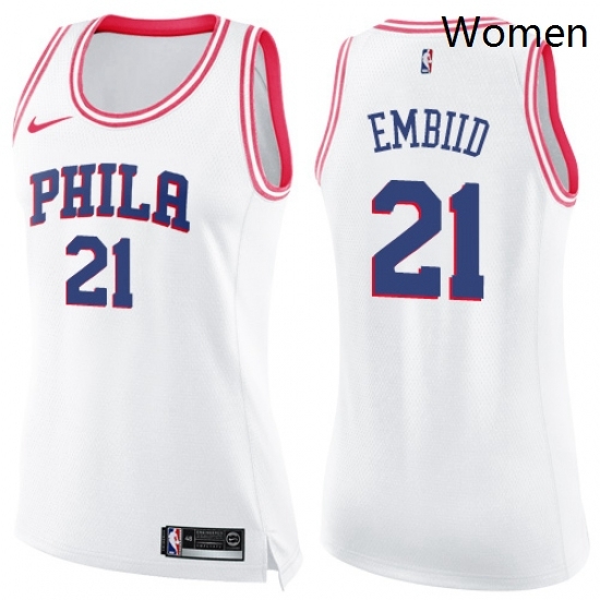 Womens Nike Philadelphia 76ers 21 Joel Embiid Swingman WhitePink Fashion NBA Jersey Womens Nike Philadelphia 76ers 21 Joel Embiid Swingman WhitePink Fashion NBA Jersey