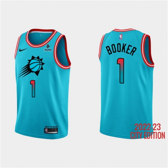 Men Phoenix Suns 1 Devin Booker Blue 2022 23 City Edition With Black Payple Logo Stitched Basketball Jersey Men Phoenix Suns 1 Devin Booker Blue 2022 23 City Edition With Black Payple Logo Stitched Basketball Jersey