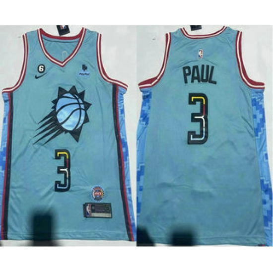 Men's Phoenix Suns #3 Chris Paul Blue 2022 City 6 Patch Sponsor Icon Swingman Jersey Men's Phoenix Suns #3 Chris Paul Blue 2022 City 6 Patch Sponsor Icon Swingman Jersey