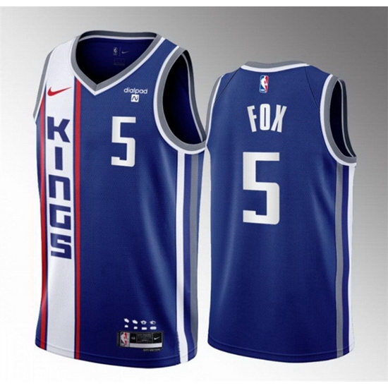 Men Sacramento Kings 5 De'Aaron Fox Blue 2023 24 City Edition Stitched Basketball Jersey Men Sacramento Kings 5 De'Aaron Fox Blue 2023 24 City Edition Stitched Basketball Jersey