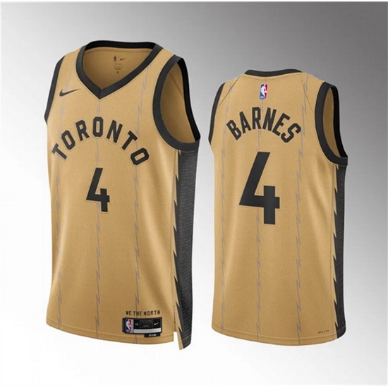 Men Toronto Raptors 4 Scottie Barnes Gold 2023 24 City Edition Stitched Basketball Jersey Men Toronto Raptors 4 Scottie Barnes Gold 2023 24 City Edition Stitched Basketball Jersey