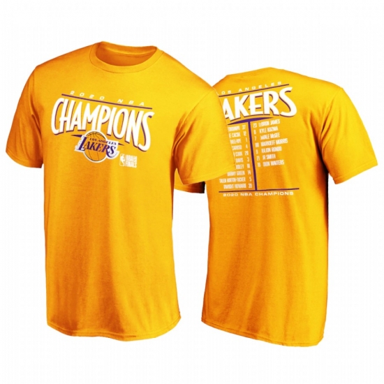 Los Angeles Lakers 2020 NBA Finals Champs Tee Gold Streaking Dunk Roster Los Angeles Lakers 2020 NBA Finals Champs Tee Gold Streaking Dunk Roster