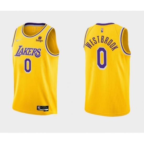 Men Los Angeles Lakers 0 Russell Westbrook Bibigo Yellow Stitched Basketball Jersey Men Los Angeles Lakers 0 Russell Westbrook Bibigo Yellow Stitched Basketball Jersey