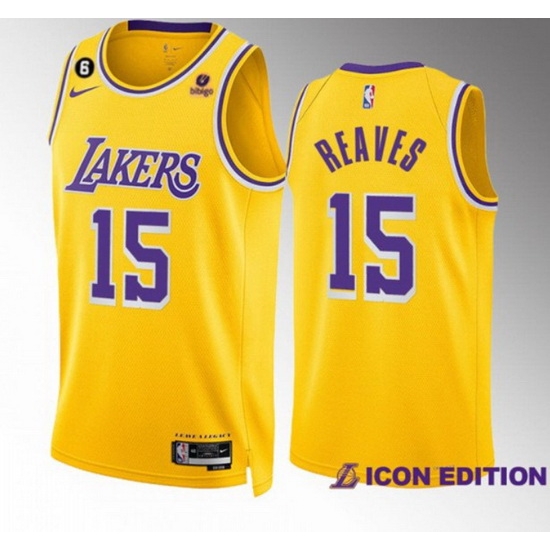 Men Los Angeles Lakers 15 Austin Reaves Yellow Icon Edition With NO 6 Patch Stitched Basketball Jersey Men Los Angeles Lakers 15 Austin Reaves Yellow Icon Edition With NO 6 Patch Stitched Basketball Jersey