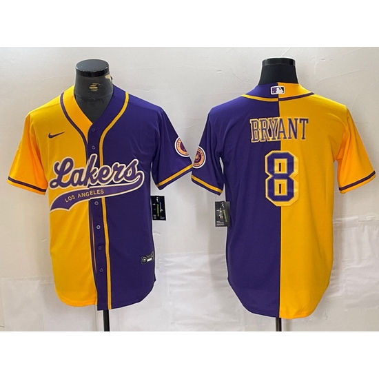 Men Los Angeles Lakers 8 Kobe Bryant Gold Purple Split Stitched Baseball Jersey 4 Men Los Angeles Lakers 8 Kobe Bryant Gold Purple Split Stitched Baseball Jersey 4