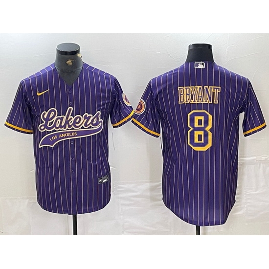 Men Los Angeles Lakers 8 Kobe Bryant Purple Pinstripe Cool Base Stitched Baseball Jersey 2 Men Los Angeles Lakers 8 Kobe Bryant Purple Pinstripe Cool Base Stitched Baseball Jersey 2