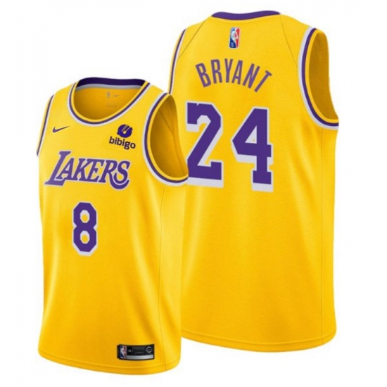 Men Los Angeles Lakers Front 8 Back 24 Kobe Bryant Bibigo Yellow Stitched Basketball Jersey Men Los Angeles Lakers Front 8 Back 24 Kobe Bryant Bibigo Yellow Stitched Basketball Jersey