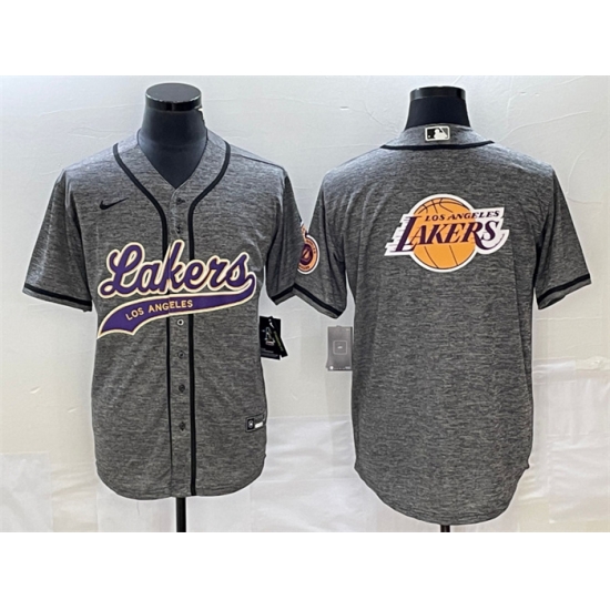 Men Los Angeles Lakers Gray Team Big Logo Cool Base With Patch Stitched Baseball Jersey Men Los Angeles Lakers Gray Team Big Logo Cool Base With Patch Stitched Baseball Jersey