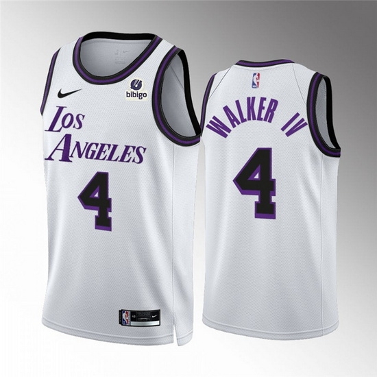 Men Los Angeles Lakers Lonnie Walker IV #4 White City Edition Stitched Basketball Jersey Men Los Angeles Lakers Lonnie Walker IV #4 White City Edition Stitched Basketball Jersey