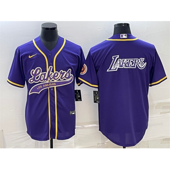 Men Los Angeles Lakers Purple Big Logo Cool Base Stitched Baseball Jersey Men Los Angeles Lakers Purple Big Logo Cool Base Stitched Baseball Jersey