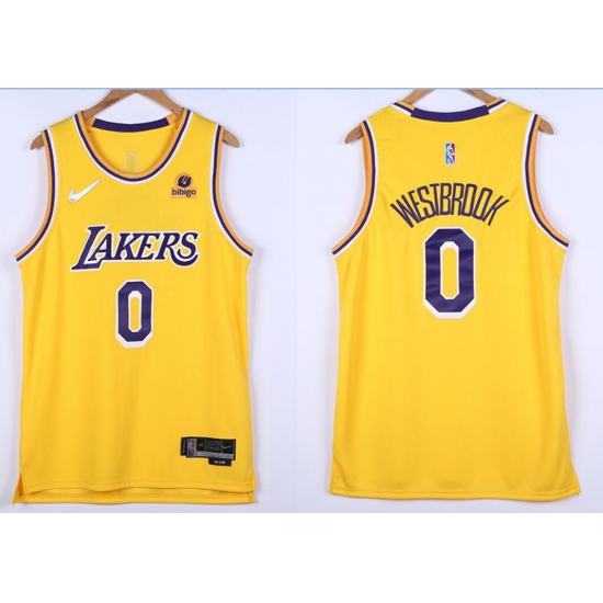 Men Los Angeles Lakers Russell Westbrook 0 Yellow 75th Anniversary White Stitched Jersey Men Los Angeles Lakers Russell Westbrook 0 Yellow 75th Anniversary White Stitched Jersey