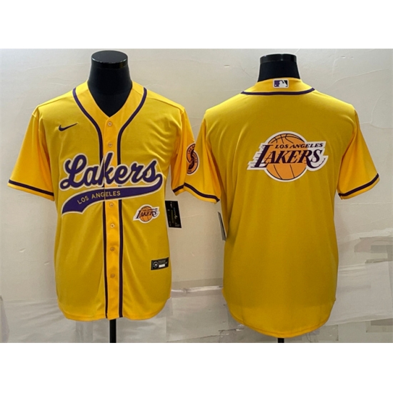 Men Los Angeles Lakers Yellow Team Big Logo With Patch Cool Base Stitched Baseball Jersey Men Los Angeles Lakers Yellow Team Big Logo With Patch Cool Base Stitched Baseball Jersey