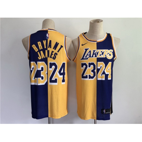 Men Men Los Angeles Lakers 24 Bryant 23 james purple yellow split special 2021 nike nba jerse Men Men Los Angeles Lakers 24 Bryant 23 james purple yellow split special 2021 nike nba jerse