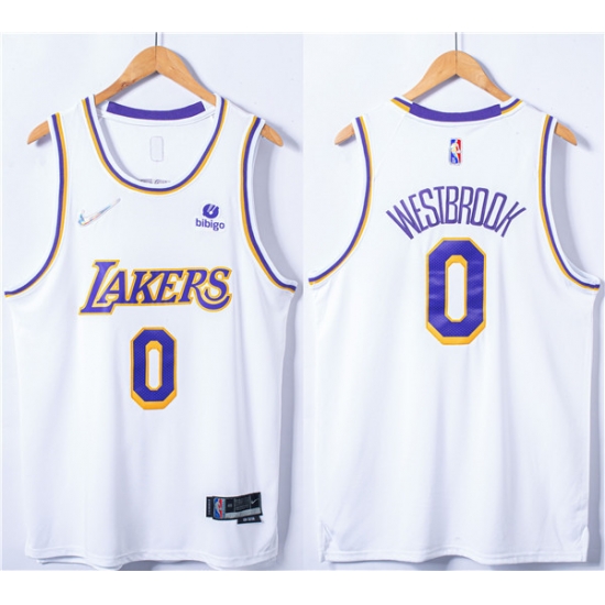 Men's Los Angeles Lakers #0 Russell Westbrook 75th Anniversary Bibigo White Stitched Basketball Jersey Men's Los Angeles Lakers #0 Russell Westbrook 75th Anniversary Bibigo White Stitched Basketball Jersey