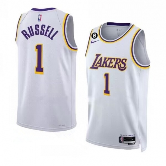 Men's Los Angeles Lakers #1 D’Angelo Russell 2022-23 White With NO.6 Patch Association Edition Swingman Stitched Basketball Jersey Men's Los Angeles Lakers #1 D’Angelo Russell 2022-23 White With NO.6 Patch Association Edition Swingman Stitched Basketball Jersey