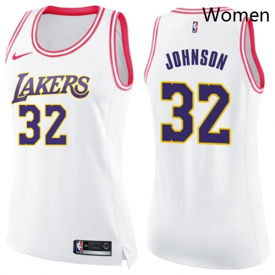 Womens Nike Los Angeles Lakers 32 Magic Johnson Swingman WhitePink Fashion NBA Jersey Womens Nike Los Angeles Lakers 32 Magic Johnson Swingman WhitePink Fashion NBA Jersey