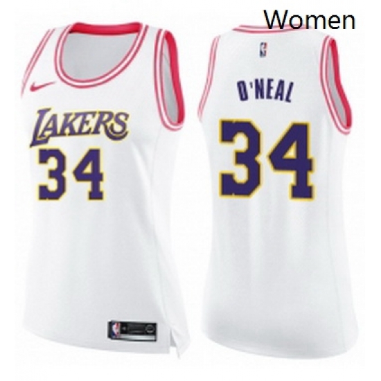 Womens Nike Los Angeles Lakers 34 Shaquille ONeal Swingman WhitePink Fashion NBA Jersey Womens Nike Los Angeles Lakers 34 Shaquille ONeal Swingman WhitePink Fashion NBA Jersey