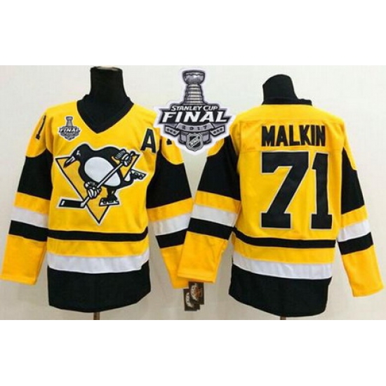 Penguins #71 Evgeni Malkin Yellow Throwback 2017 Stanley Cup Final Patch Stitched NHL Jersey Penguins #71 Evgeni Malkin Yellow Throwback 2017 Stanley Cup Final Patch Stitched NHL Jersey