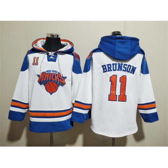 Men New Yok Knicks 11 Jalen Brunson White Lace Up Pullover Hoodie Men New Yok Knicks 11 Jalen Brunson White Lace Up Pullover Hoodie