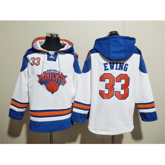 Men New Yok Knicks 33 Patrick Ewing White Lace Up Pullover Hoodie Men New Yok Knicks 33 Patrick Ewing White Lace Up Pullover Hoodie