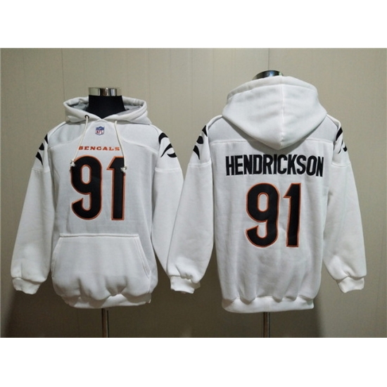 Men Cincinnati Bengals 91 Trey Hendrickson White Pullover Hoodie Men Cincinnati Bengals 91 Trey Hendrickson White Pullover Hoodie