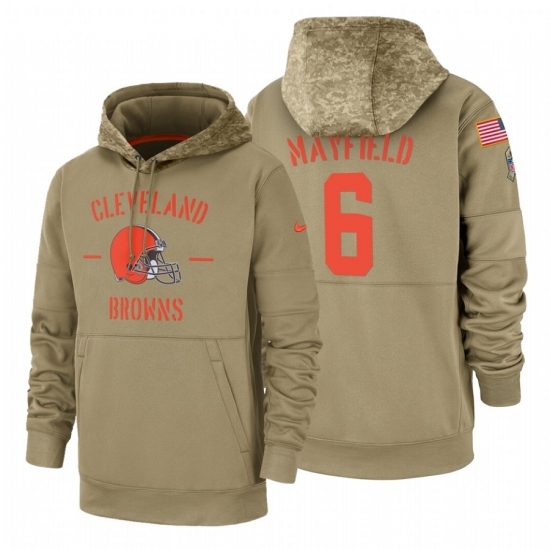 Mens Cleveland Browns Baker Mayfield 6 2019 Salute to Service Tan Sideline Therma Pullover Hoodie Mens Cleveland Browns Baker Mayfield 6 2019 Salute to Service Tan Sideline Therma Pullover Hoodie