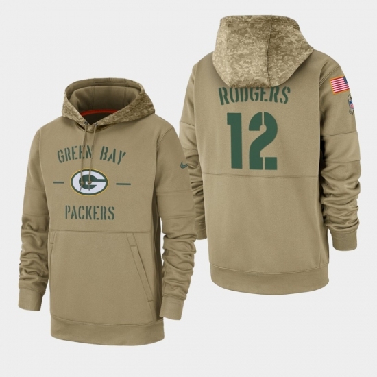 Mens Green Bay Packers 12 Aaron Rodgers 2019 Salute to Service Sideline Therma Pullover Hoodie Tan Mens Green Bay Packers 12 Aaron Rodgers 2019 Salute to Service Sideline Therma Pullover Hoodie Tan