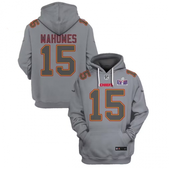 Men Kansas City Chiefs 15 Patrick Mahomes Gray Super Bowl LVIII Patch Pullover Hoodie Men Kansas City Chiefs 15 Patrick Mahomes Gray Super Bowl LVIII Patch Pullover Hoodie