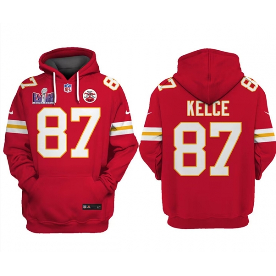 Men Kansas City Chiefs 87 Travis Kelce Red Super Bowl LVIII Patch Pullover Hoodie Men Kansas City Chiefs 87 Travis Kelce Red Super Bowl LVIII Patch Pullover Hoodie