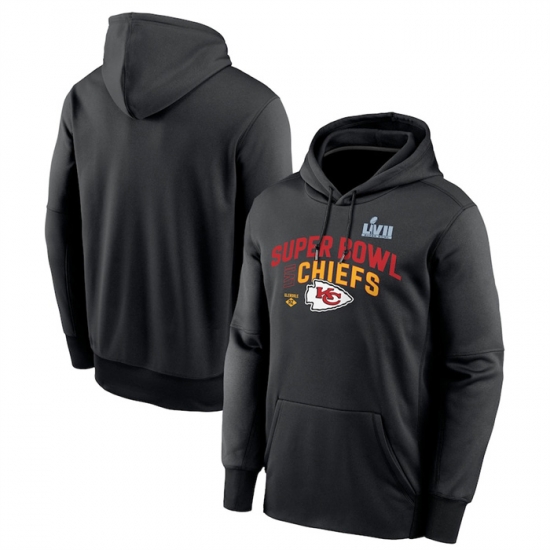 Men Kansas City Chiefs Black Super Bowl LVII Team Logo Lockup Therma Performance Pullover Hoodie Men Kansas City Chiefs Black Super Bowl LVII Team Logo Lockup Therma Performance Pullover Hoodie