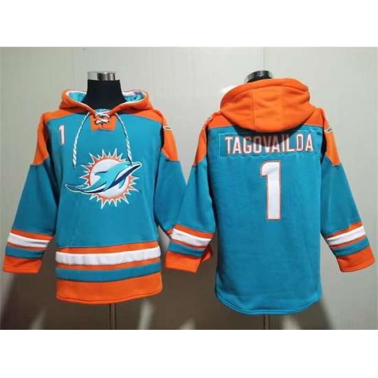 Men Miami Dolphins 1 Tua Tagovailoa Aqua Lace Up Pullover Hoodie Men Miami Dolphins 1 Tua Tagovailoa Aqua Lace Up Pullover Hoodie