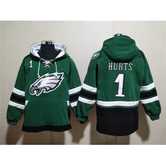Men Philadelphia Eagles 1 Jalen Hurts Green Lace Up Pullover Hoodie Men Philadelphia Eagles 1 Jalen Hurts Green Lace Up Pullover Hoodie