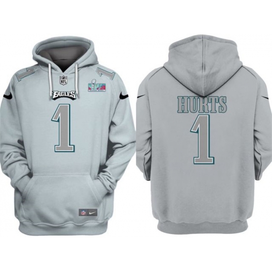 Men Philadelphia Eagles 1 Jalen Hurts Grey Atmosphere Fashion Super Bowl LVII Patch Pullover Hoodie Men Philadelphia Eagles 1 Jalen Hurts Grey Atmosphere Fashion Super Bowl LVII Patch Pullover Hoodie