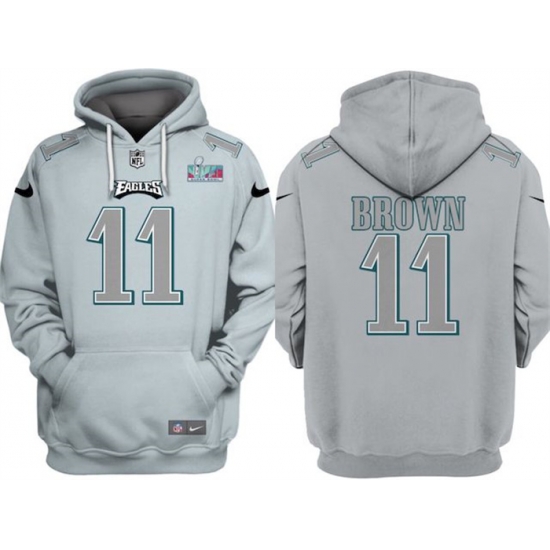 Men Philadelphia Eagles 11 A J Brown Grey Atmosphere Fashion Super Bowl LVII Patch Pullover Hoodie Men Philadelphia Eagles 11 A J Brown Grey Atmosphere Fashion Super Bowl LVII Patch Pullover Hoodie