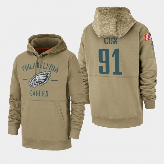 Mens Philadelphia Eagles 91 Fletcher Cox 2019 Salute to Service Sideline Therma Pullover Hoodie Tan Mens Philadelphia Eagles 91 Fletcher Cox 2019 Salute to Service Sideline Therma Pullover Hoodie Tan