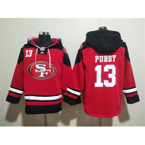 Men San Francisco 49ers 13 Brock Purdy Red Black Ageless Must Have Lace Up Pullover Hoodie Men San Francisco 49ers 13 Brock Purdy Red Black Ageless Must Have Lace Up Pullover Hoodie