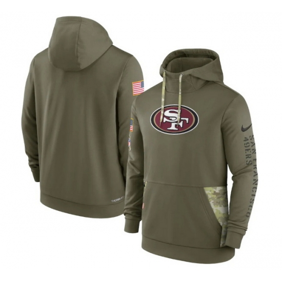 Men San Francisco 49ers 2022 Olive Salute To Service Therma Performance Pullover Hoodie Men San Francisco 49ers 2022 Olive Salute To Service Therma Performance Pullover Hoodie