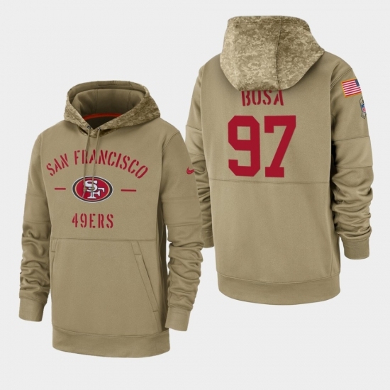 Mens San Francisco 49ers 97 Nick Bosa 2019 Salute to Service Sideline Therma Pullover Hoodie Tan Mens San Francisco 49ers 97 Nick Bosa 2019 Salute to Service Sideline Therma Pullover Hoodie Tan