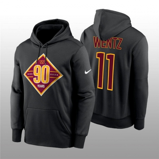 Men Washington Commanders 11 Carson Wentz Black 90th Anniversary Performance Pullover Hoodie Men Washington Commanders 11 Carson Wentz Black 90th Anniversary Performance Pullover Hoodie