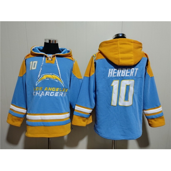 Men Los Angeles Chargers 10 Justin Herbert Blue Ageless Must Have Lace Up Pullover Hoodie Men Los Angeles Chargers 10 Justin Herbert Blue Ageless Must Have Lace Up Pullover Hoodie