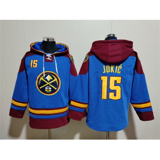 Men Denver Nuggets 15 Nikola Jokic Blue Red Lace Up Pullover Hoodie Men Denver Nuggets 15 Nikola Jokic Blue Red Lace Up Pullover Hoodie