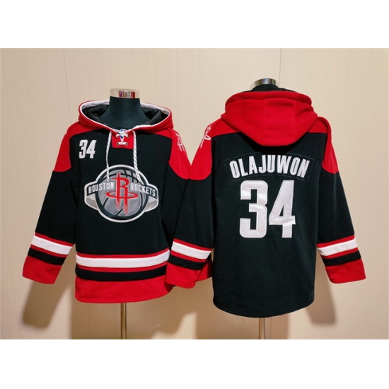 Men Houston Rockets 34 Hakeem Olajuwon Black Red Lace Up Pullover Hoodie Men Houston Rockets 34 Hakeem Olajuwon Black Red Lace Up Pullover Hoodie