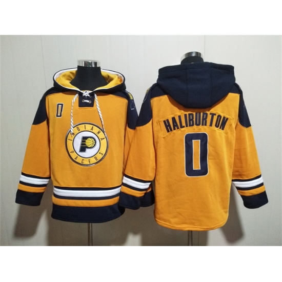 Men Indiana Pacers 0 Tyrese Haliburton Yellow Lace Up Pullover Hoodie Men Indiana Pacers 0 Tyrese Haliburton Yellow Lace Up Pullover Hoodie