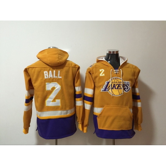 Men's Los Angeles Lakers #2 Lonzo Ball Yellow Lace-Up Pullover Hoodie Men's Los Angeles Lakers #2 Lonzo Ball Yellow Lace-Up Pullover Hoodie