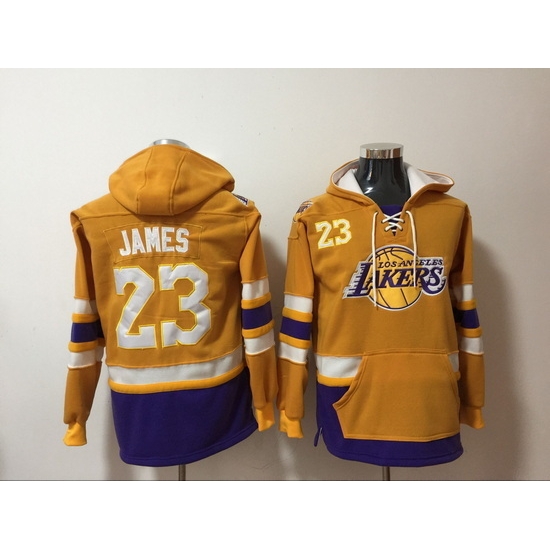 Men's Los Angeles Lakers #23 Lebron James Yellow Lace-Up Pullover Hoodie Men's Los Angeles Lakers #23 Lebron James Yellow Lace-Up Pullover Hoodie