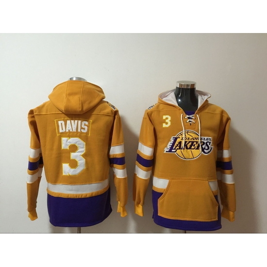 Men's Los Angeles Lakers #3 Anthony Davis Yellow Lace-Up Pullover Hoodie Men's Los Angeles Lakers #3 Anthony Davis Yellow Lace-Up Pullover Hoodie