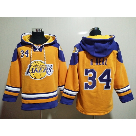 Men's Los Angeles Lakers #34 Shaq O'Neal Yellow Lace-Up Pullover Hoodie Men's Los Angeles Lakers #34 Shaq O'Neal Yellow Lace-Up Pullover Hoodie