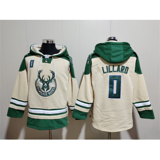 Men Milwaukee Bucks 0 Damian Lillard Cream Lace Up Pullover Hoodie Men Milwaukee Bucks 0 Damian Lillard Cream Lace Up Pullover Hoodie