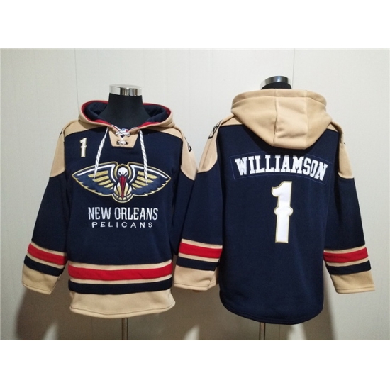 Men New Orleans Pelicans 1 Zion Williamson Navy Ageless Must Have Lace Up Pullover Hoodie Men New Orleans Pelicans 1 Zion Williamson Navy Ageless Must Have Lace Up Pullover Hoodie