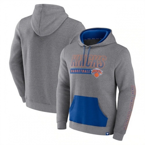 Men New York Knicks Heathered Gray Off The Bench Color Block Pullover Hoodie Men New York Knicks Heathered Gray Off The Bench Color Block Pullover Hoodie